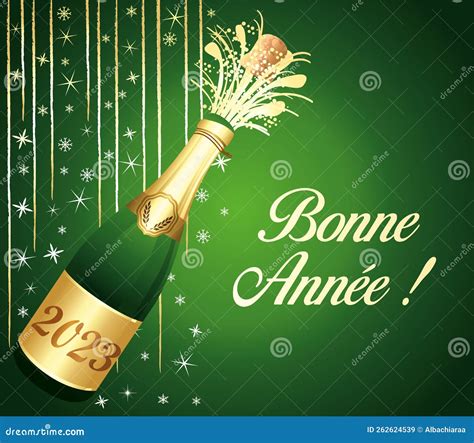 Happy New Year ! French Language. Golden and Green Greeting Card with Champagne and Party ...