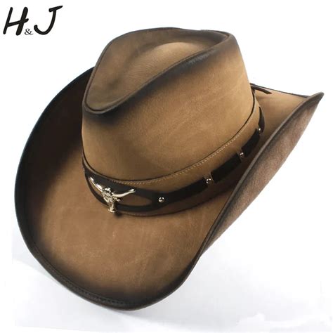 100% Leather Black Men Western Cowboy Hat For Gentleman Dad Cowboy Sombrero Hombre Caps ...