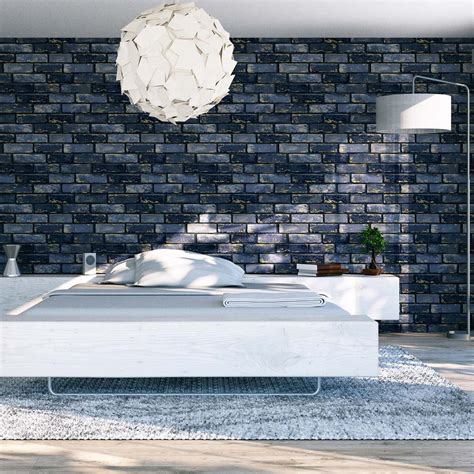 Arthouse Metallic Brick Navy Blue Wallpaper | Wilko