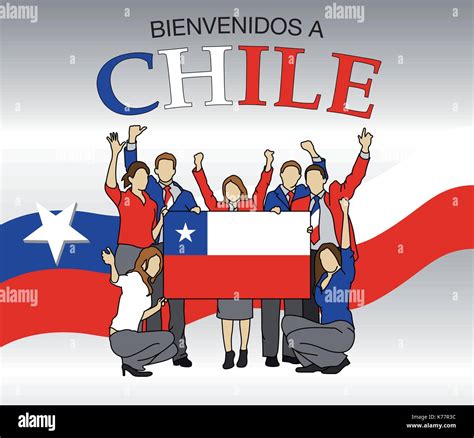 Welcome to Chile in Spanish language- Group of people dressed in the colors of the Chile flag ...