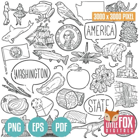 WASHINGTON State Symbols. American State Clipart. WA Seattle Olympia ...