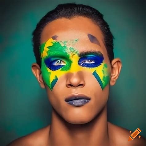 Male model with dramatic eye makeup in brazilian flag colors on Craiyon