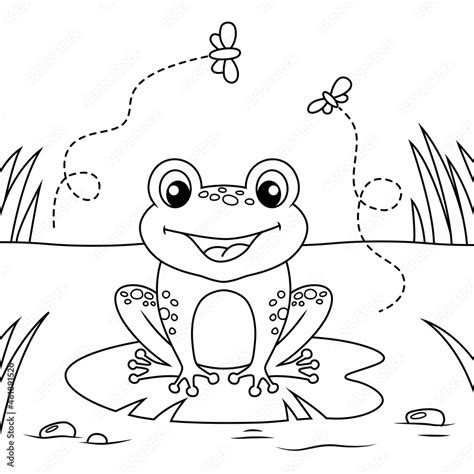 Frog sitting on leaf of water lily. Black and white vector illustration ...