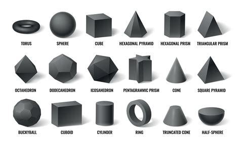 Realistic 3d basic shapes. Sphere shape with shadow, cube geometry and prism model in ...