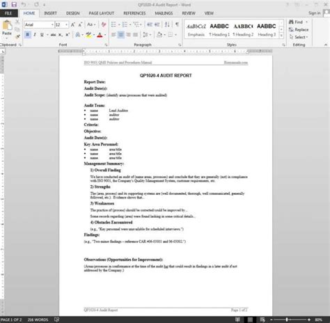 Internal Audit Report Template Iso 9001