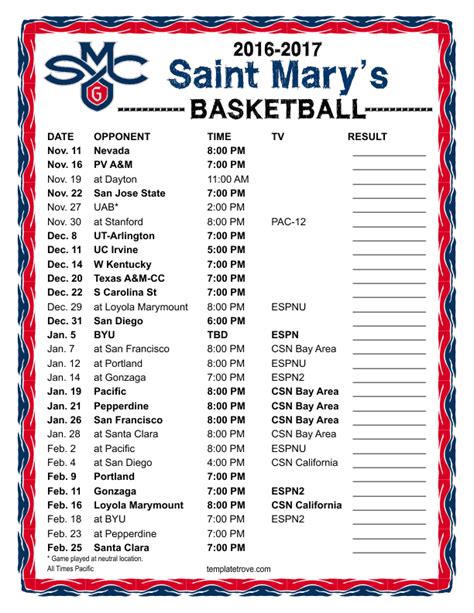 Printable 2016-2017 Saint Mary's Gaels Basketball Schedule