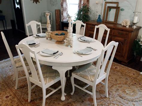 White Round Distressed Dining Table with 6 Queen Anne Chairs
