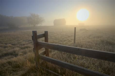 Foggy Autumn Sunrise Over Abandoned Farm With Fence And Barn, Alberta Prairie Poster Print (17 x ...