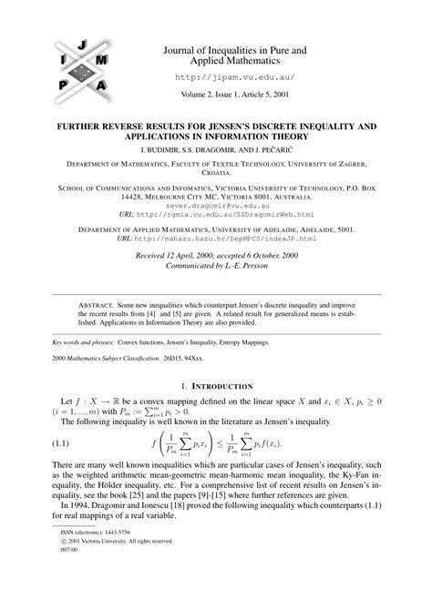 (PDF) FURTHER REVERSE RESULTS FOR JENSEN'S DISCRETE INEQUALITY AND APPLICATIONS IN INFORMATION ...