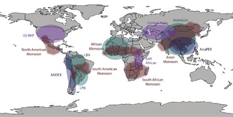 Geographic location of global monsoon regions (dark red shaded areas ...