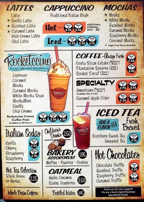 Rocket Brothers menu in Broken Arrow, Oklahoma, USA