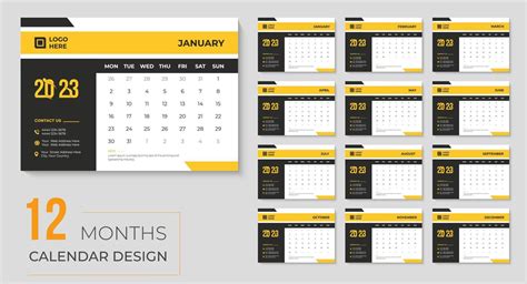 Happy new year 2023 desk calendar design, monthly and yearly yellow event printable calendars ...