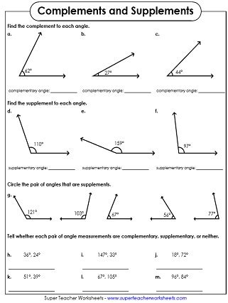 Complementary, Supplementary, Vertical Angle Worksheets