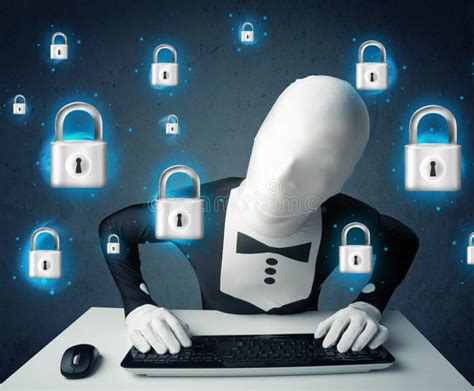 Hacker In Disguise With Virtual Lock Symbols And Icons Stock Image - Image of image, network ...