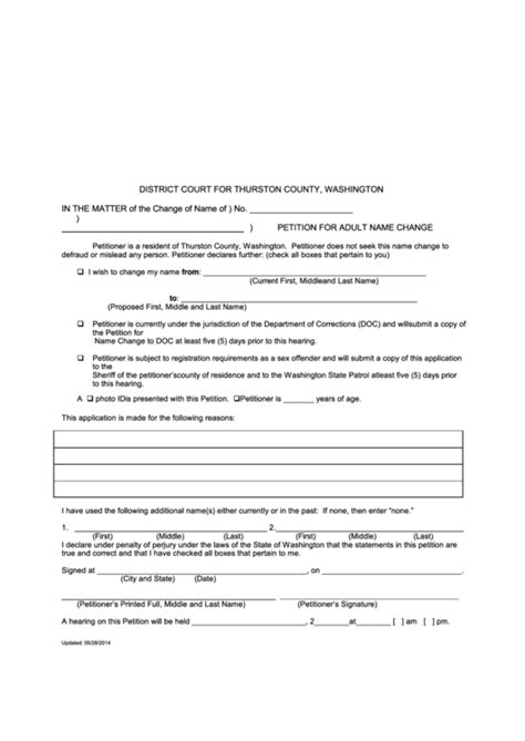 Fillable Petition For Adult Name Change - District Court For Thurston County printable pdf download