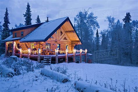 Log Cabin near Fairbanks, trees, snow, lights, house, alaska, sky, HD ...