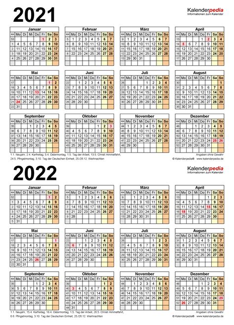 Zweijahreskalender 2021 und 2022 als PDF-Vorlagen zum Ausdrucken