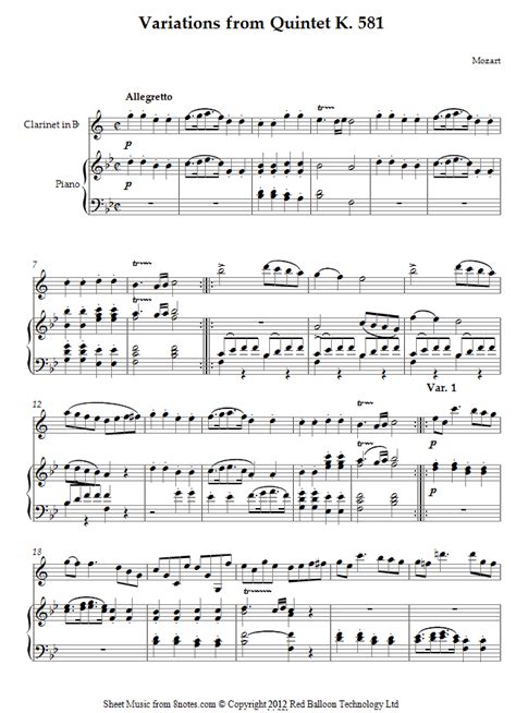 Mozart - Variations from Quintet K. 581 sheet music for Clarinet - 8notes.com