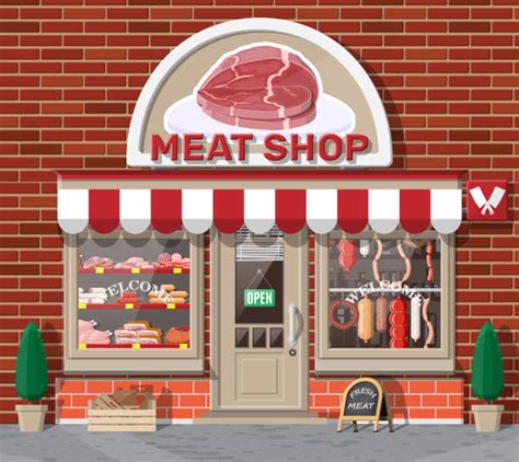 Meat Shop Cartoon Butcher Store Facade Building Illustrations, Royalty ...