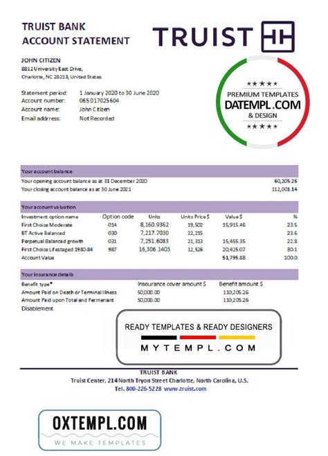 USA Truist Bank statement template in .xls and .pdf file format