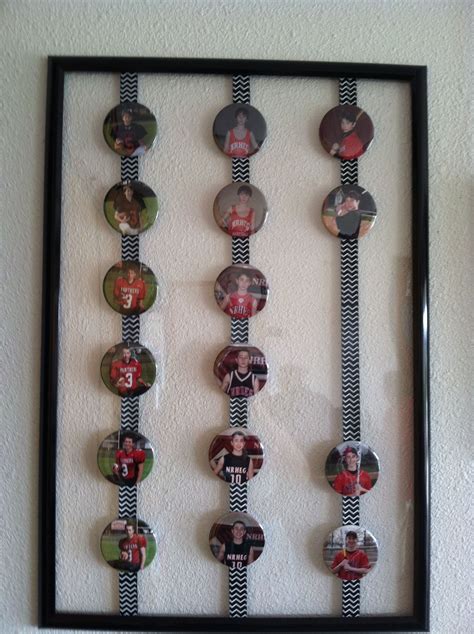 Sports pins displayed for grad party | Sports pictures display, Picture display, Award display