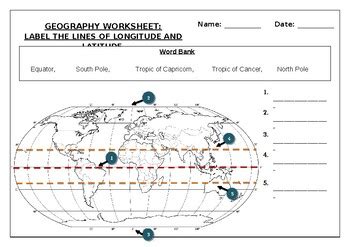 Geography worksheet: Label the lines of longitude and latitude | TPT