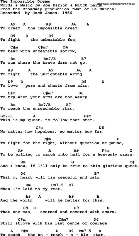 Song lyrics with guitar chords for Impossible Dream - Jack Jones, 1966