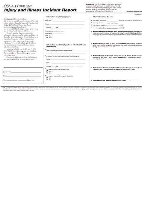 Osha'S Form 301 - Injury And Illness Incident Report - Us Department Of Labor printable pdf download