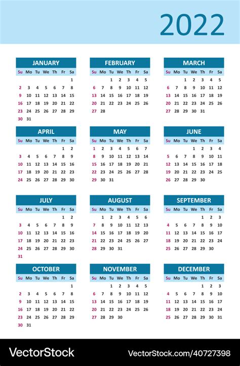 Simple 2022 calendar weeks start on sunday Vector Image