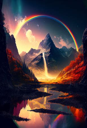 Amazing landscapes view of mountain with rainbow on sunrise. 2D ...