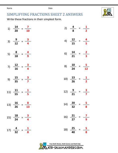 Simplifying Fractions Worksheet