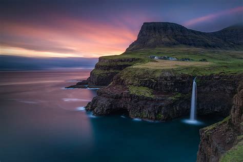 HD wallpaper: Faroe Islands, waterfalls, rock, mountain, Atlantic ocean ...