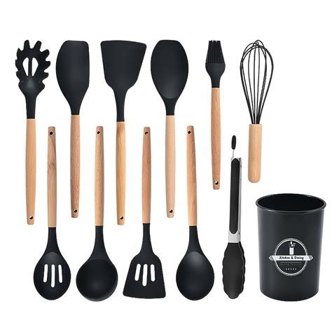 Silicone Kitchen Utensil Cooking Shovel Wooden Handle Cooking Set Of 12 ...