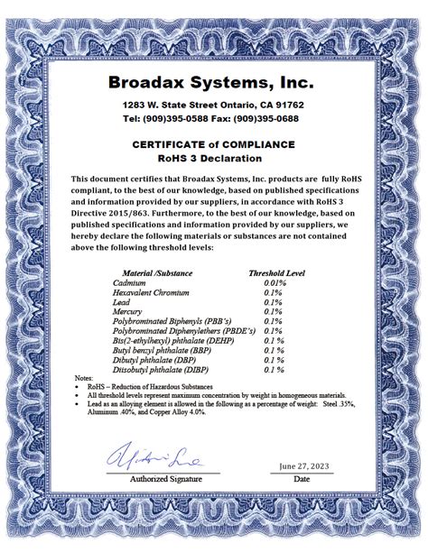 RoHS 3 Certificate | BSIComputer.com - - rohs 3 certificate