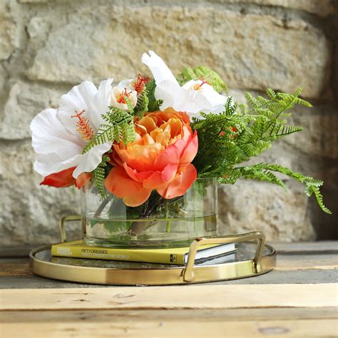 White Hibiscus, Orange Peony & Fern Tropical Floral Arrangement Centerpiece in Low Glass ...