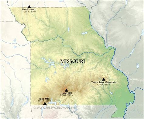 Physical map of Missouri