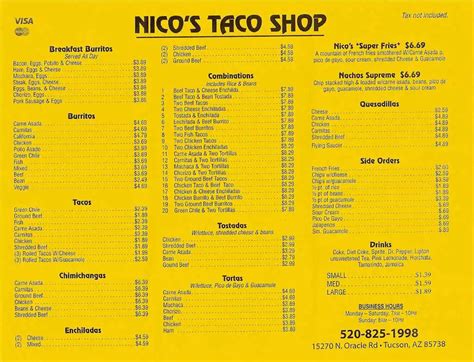 Nico's Taco Shop Menu, Menu for Nico's Taco Shop, Catalina, Tucson - Urbanspoon/Zomato