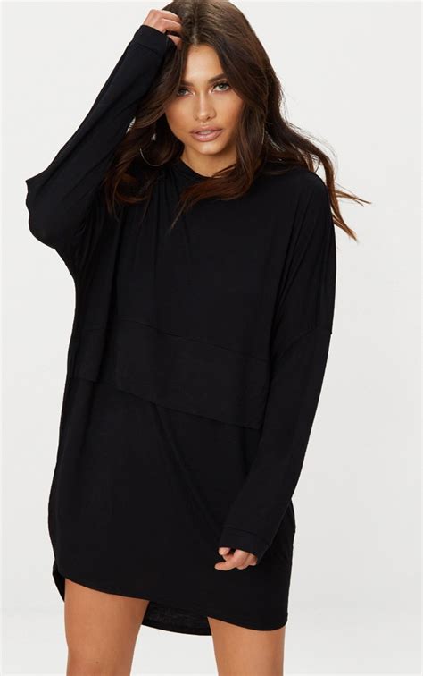 Black Long Sleeve Layer Jersey T Shirt Dress | PrettyLittleThing