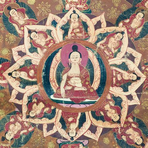 Antique Tibetan Buddha Mandala Thangka on linen with silk brocade mount. Nepal, early 20th ...