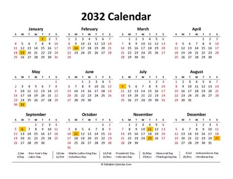 Download 2032 Calendar Printable With Us Holidays, weeks start on Sunday