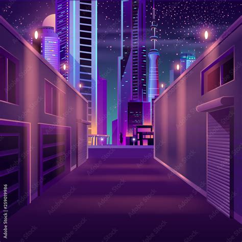 Side street in night metropolis cartoon vector with illuminated ...