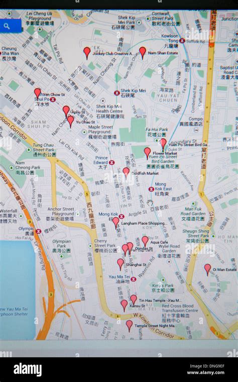 Hong Kong China Kowloon Google map red tags street computer monitor ...