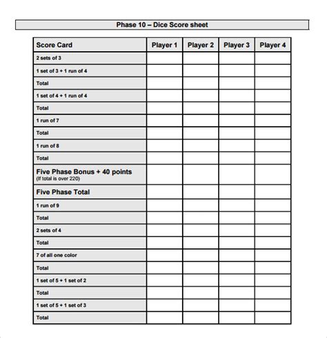 FREE 5+ Sample Phase 10 Score Sheet Templates in PDF