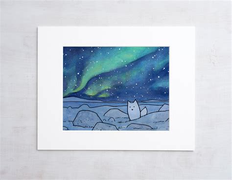 Northern Lights Arctic Fox Art Print Watercolor Illustration | Etsy