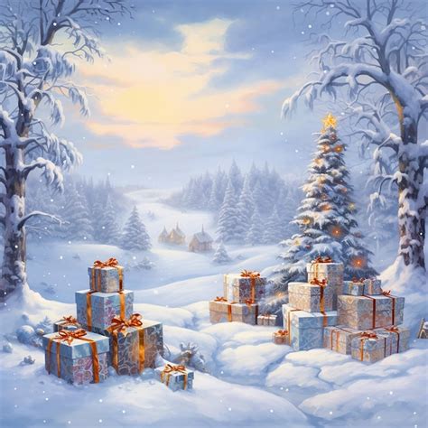 Premium Photo | Snowy Christmas Landscape with Nestled Gifts