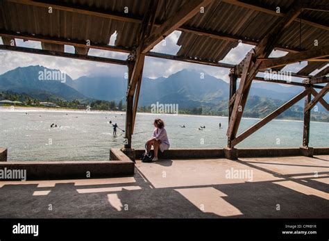 Hanalei Bay from inside the hanalei pier, Hanalei, Kauai, Hawaii Stock ...