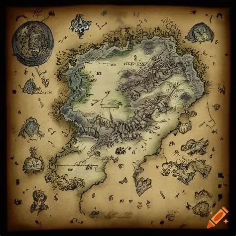 Detailed hand-drawn fantasy map of a mythical continent on Craiyon