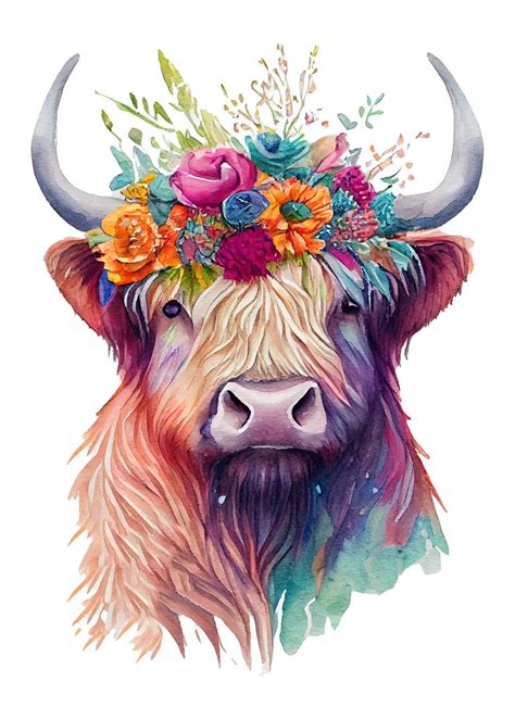 'Watercolor Highland Cow' Poster, picture, metal print, paint by Swan Dee | Displate