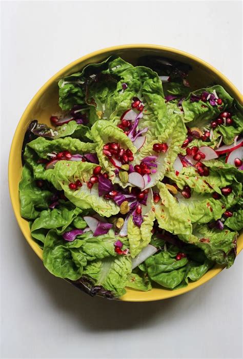 Gem lettuce sprinkled with pomme jewels, pistachios, radish, cabbage and a tangy dressing makes ...