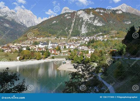 Molveno Lake panorama stock image. Image of holiday - 136177305